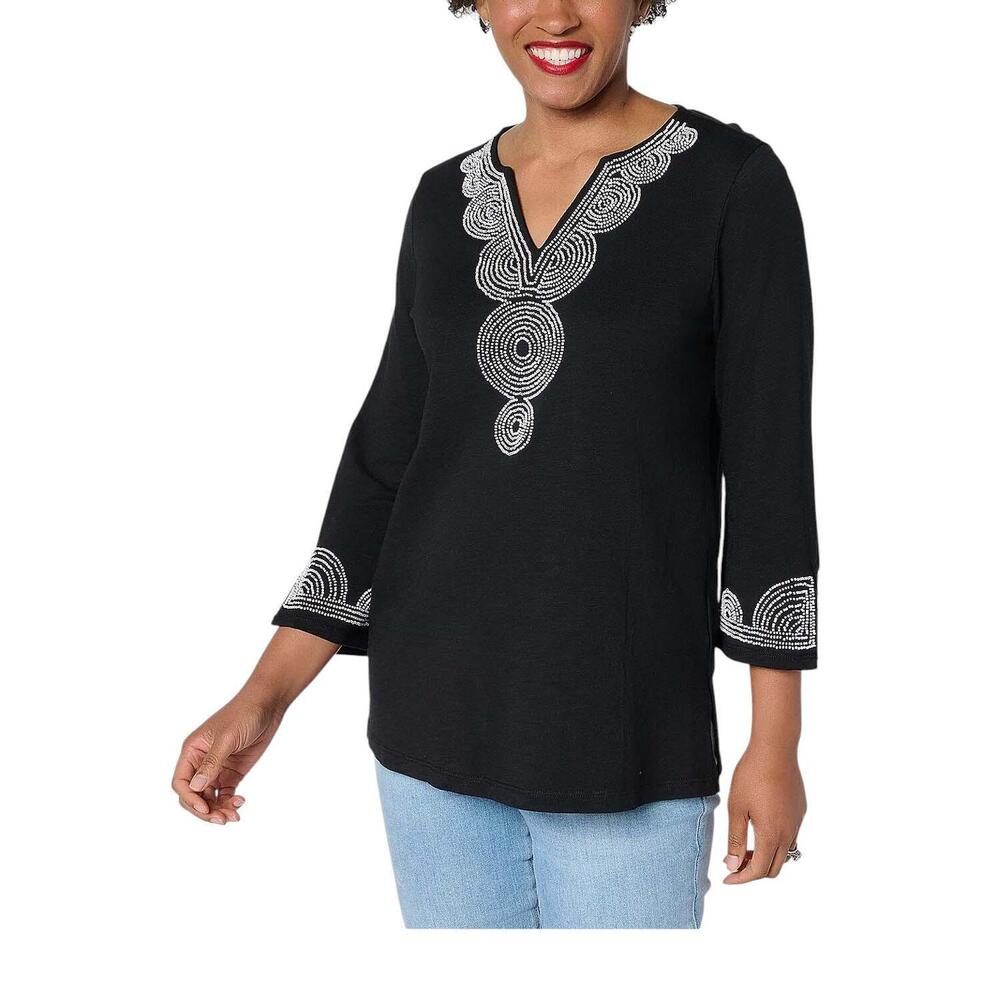Bellisima Women's Slub Knit Boutique Beaded Tunic Black/White - Petite